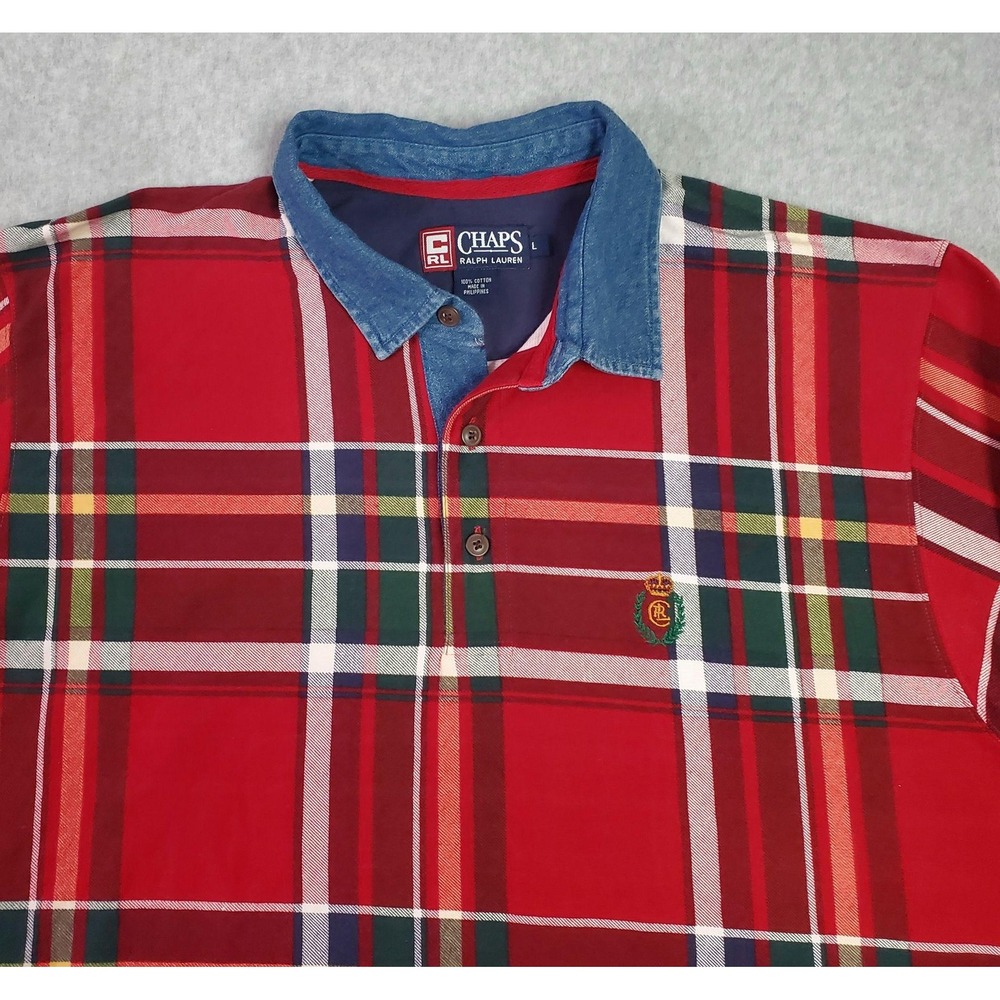 Chaps Ralph Lauren Polo Shirt Mens Large Red Plaid Long Sleeve Denim Collar‎ - Picture 3 of 12